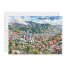 Medellin, Colombia Panorama View Watercolor Art