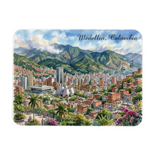 Medellin, Colombia Panorama View Watercolor Art Magnet