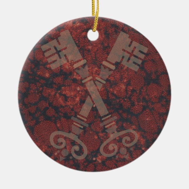 Mediaeval 21st keys against dark red marble ceramic tree decoration (Front)