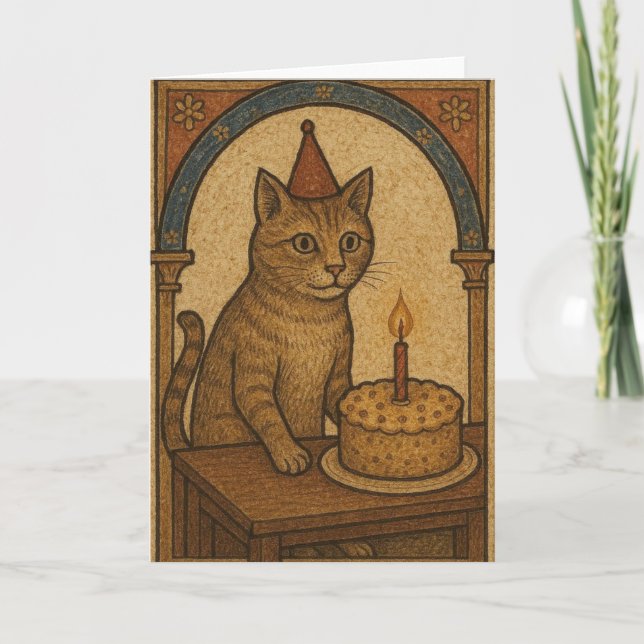 Mediaeval Birthday Cat Card (Front)