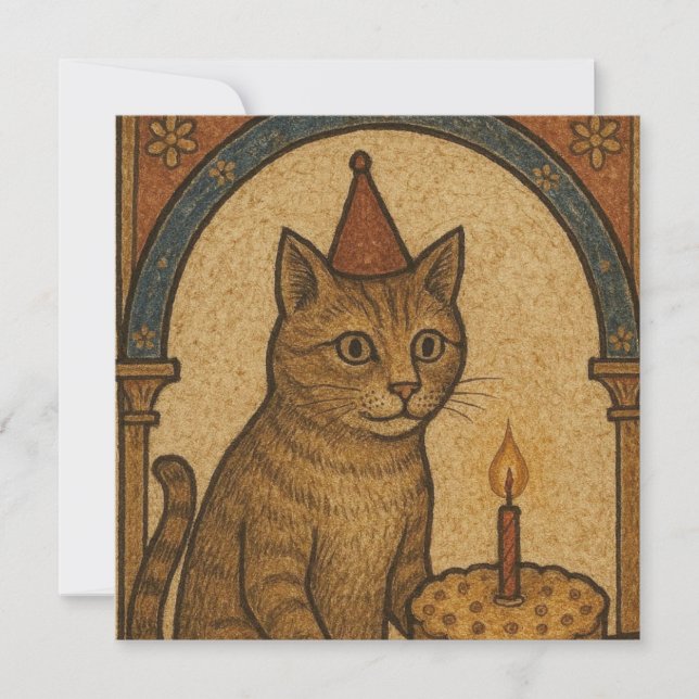 Mediaeval Birthday Cat Card (Front)