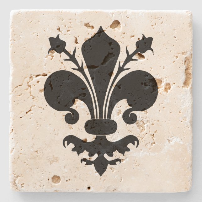 Mediaeval black fleur de lis symbol stone coaster (Front)