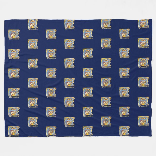 Mediaeval Blue and Red Ivy Illuminated Letter A Fleece Blanket (Front (Horizontal))