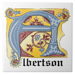 Mediaeval Blue and Red Ivy Illuminated Letter A Tile
