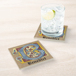 Mediaeval Blue and Red Ivy Illuminated Letter B Glass Coaster