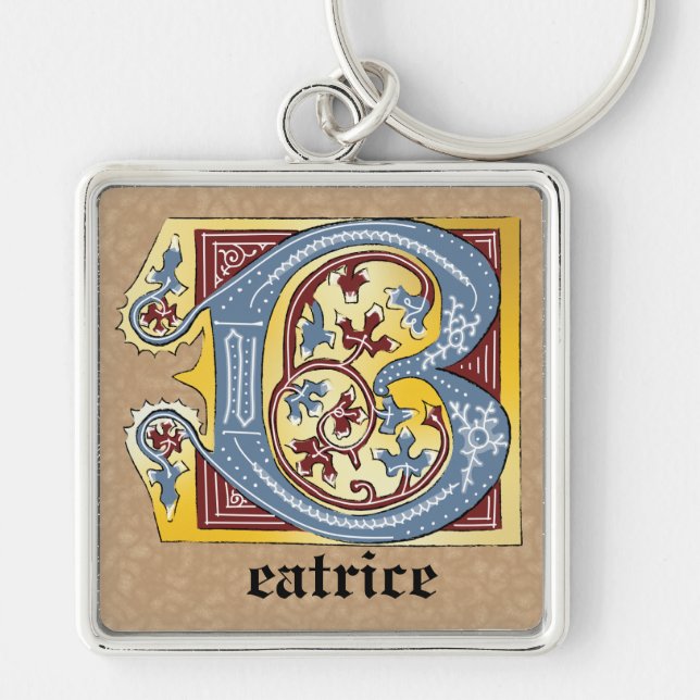 Mediaeval Blue and Red Ivy Illuminated Letter B Key Ring (Front)