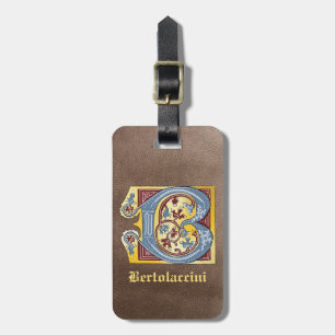 Mediaeval Blue and Red Ivy Illuminated Letter B Luggage Tag