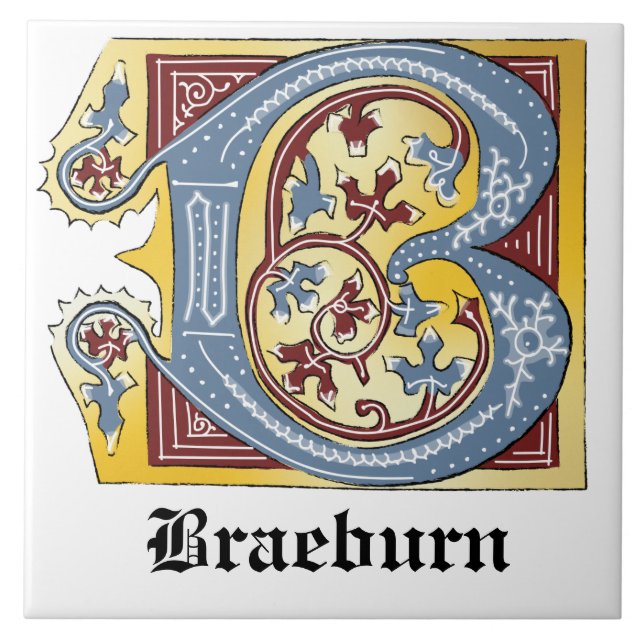 Mediaeval Blue and Red Ivy Illuminated Letter B Tile (Front)