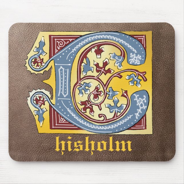 Mediaeval Blue and Red Ivy Illuminated Letter C Mouse Pad (Front)