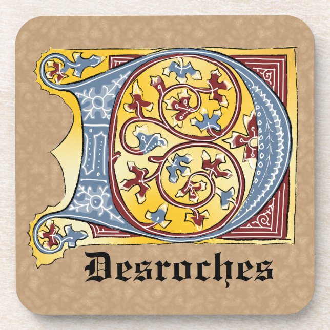 Mediaeval Blue and Red Ivy Illuminated Letter D Coaster (Front)