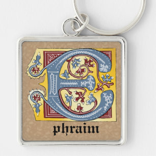 Mediaeval Blue and Red Ivy Illuminated Letter E Key Ring