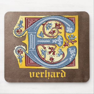 Mediaeval Blue and Red Ivy Illuminated Letter E Mouse Pad