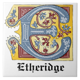 Mediaeval Blue and Red Ivy Illuminated Letter E Tile