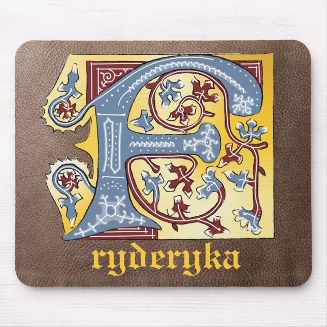 Mediaeval Blue and Red Ivy Illuminated Letter F Mouse Pad (Front)