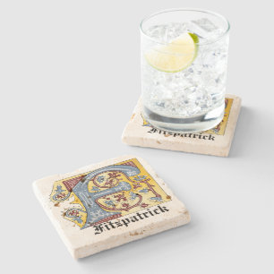 Mediaeval Blue and Red Ivy Illuminated Letter F Stone Coaster