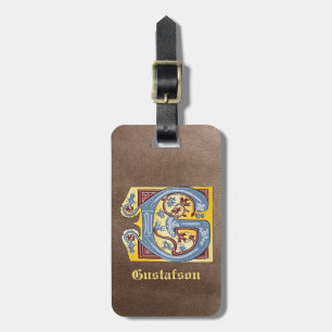 Mediaeval Blue and Red Ivy Illuminated Letter G Luggage Tag