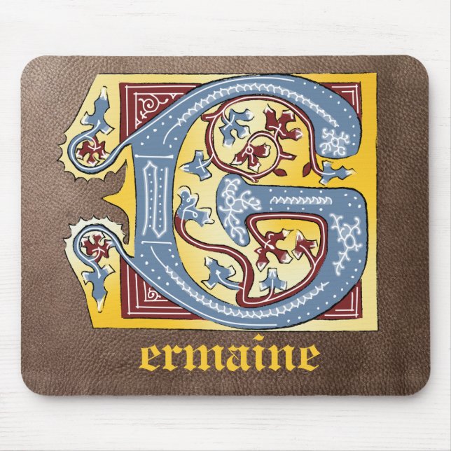 Mediaeval Blue and Red Ivy Illuminated Letter G Mouse Pad (Front)