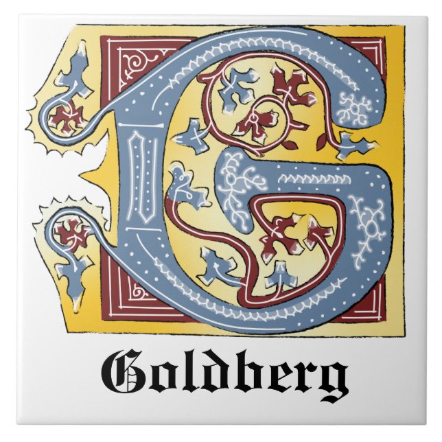 Mediaeval Blue and Red Ivy Illuminated Letter G Tile (Front)