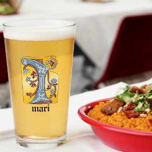 Mediaeval Blue and Red Ivy Illuminated Letter I Glass