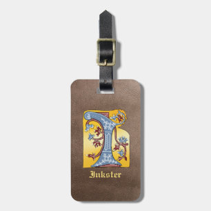 Mediaeval Blue and Red Ivy Illuminated Letter I Luggage Tag