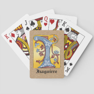 Mediaeval Blue and Red Ivy Illuminated Letter I Playing Cards