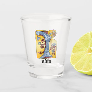 Mediaeval Blue and Red Ivy Illuminated Letter I Shot Glass