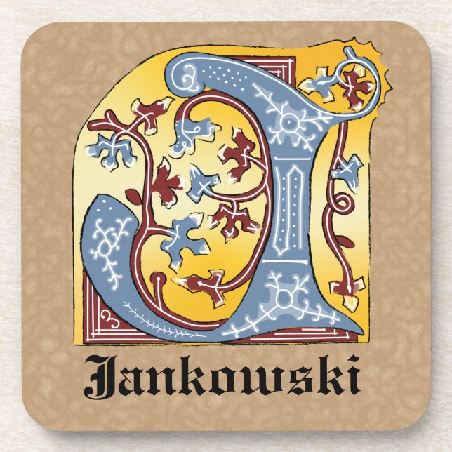 Mediaeval Blue and Red Ivy Illuminated Letter J Coaster (Front)