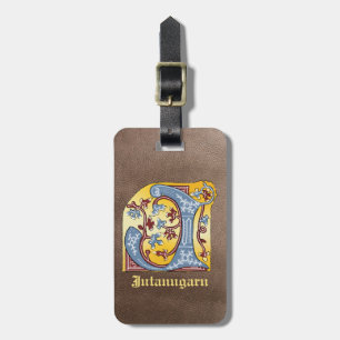 Mediaeval Blue and Red Ivy Illuminated Letter J Luggage Tag