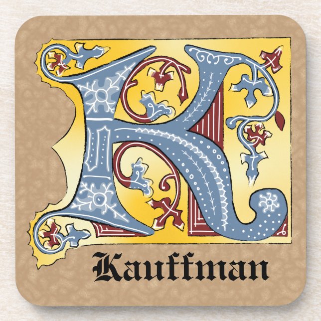 Mediaeval Blue and Red Ivy Illuminated Letter K Coaster (Front)