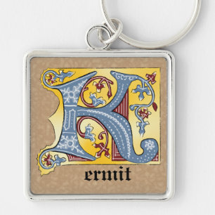 Mediaeval Blue and Red Ivy Illuminated Letter K Key Ring