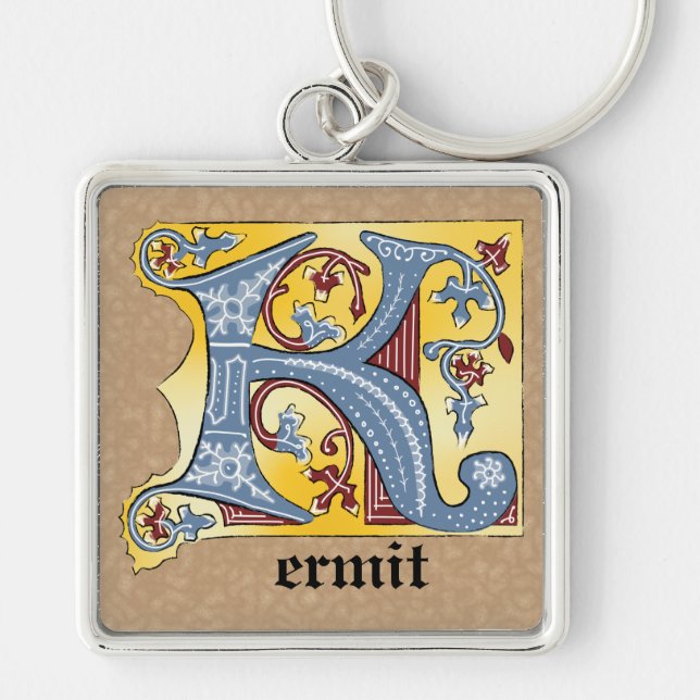 Mediaeval Blue and Red Ivy Illuminated Letter K Key Ring (Front)