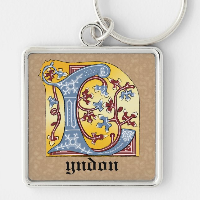 Mediaeval Blue and Red Ivy Illuminated Letter L Key Ring (Front)