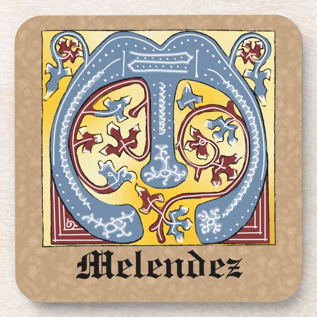 Mediaeval Blue and Red Ivy Illuminated Letter M Coaster (Front)