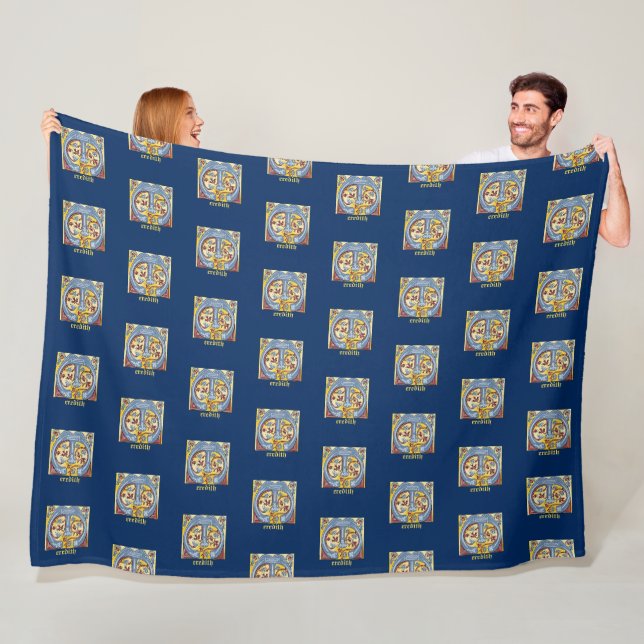 Mediaeval Blue and Red Ivy Illuminated Letter M Fleece Blanket (In Situ)