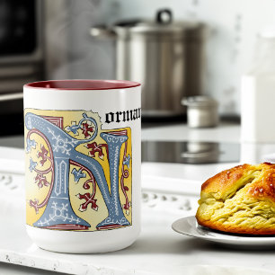 Mediaeval Blue and Red Ivy Illuminated Letter N Mug