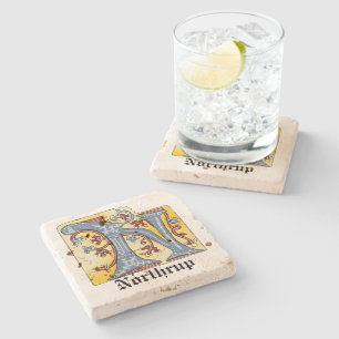 Mediaeval Blue and Red Ivy Illuminated Letter N Stone Coaster