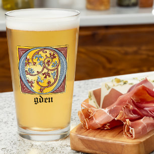 Mediaeval Blue and Red Ivy Illuminated Letter O Glass