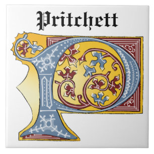 Mediaeval Blue and Red Ivy Illuminated Letter P Tile