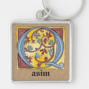 Mediaeval Blue and Red Ivy Illuminated Letter Q Key Ring