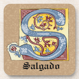 Mediaeval Blue and Red Ivy Illuminated Letter S Coaster