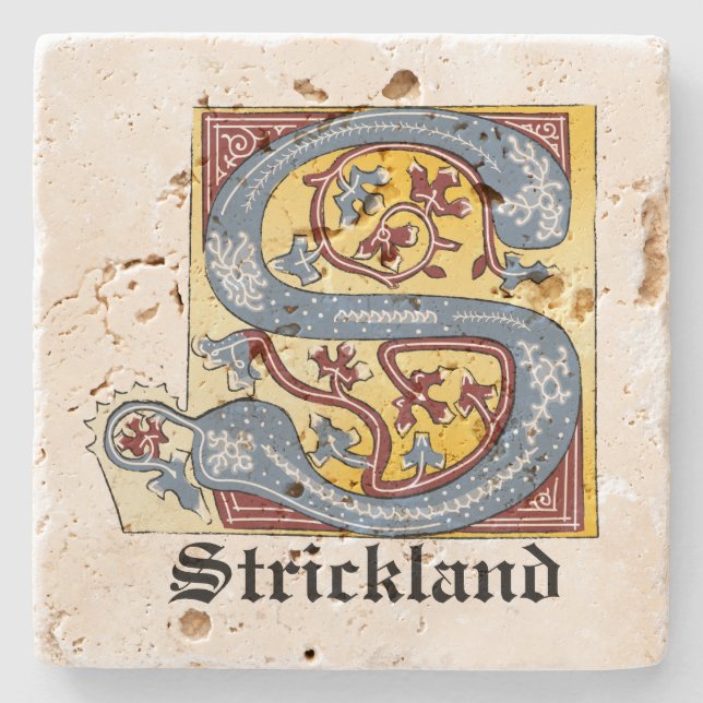 Mediaeval Blue and Red Ivy Illuminated Letter S Stone Coaster (Front)