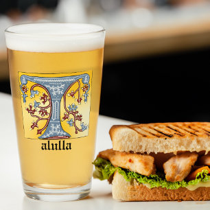 Mediaeval Blue and Red Ivy Illuminated Letter T Glass