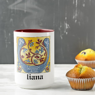 Mediaeval Blue and Red Ivy Illuminated Letter U Mug