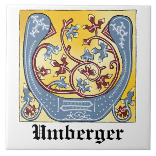 Mediaeval Blue and Red Ivy Illuminated Letter U Tile