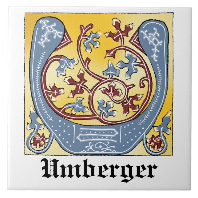 Mediaeval Blue and Red Ivy Illuminated Letter U Tile (Front)