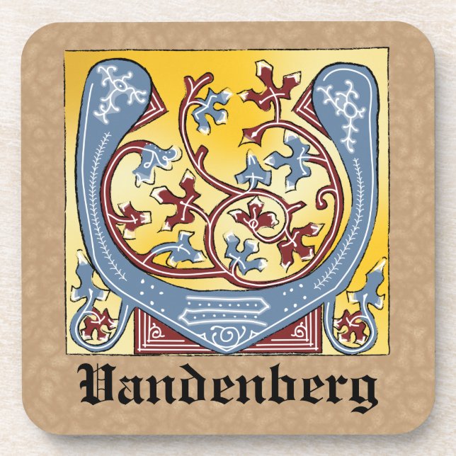 Mediaeval Blue and Red Ivy Illuminated Letter V Coaster (Front)