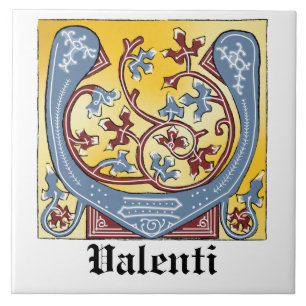 Mediaeval Blue and Red Ivy Illuminated Letter V Tile