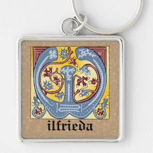 Mediaeval Blue and Red Ivy Illuminated Letter W Key Ring