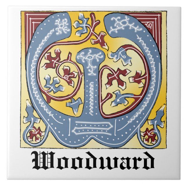 Mediaeval Blue and Red Ivy Illuminated Letter W Tile (Front)