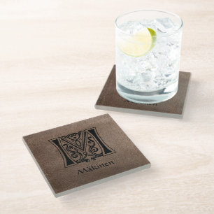 Mediaeval Botanical Decorative Capital M Glass Coaster